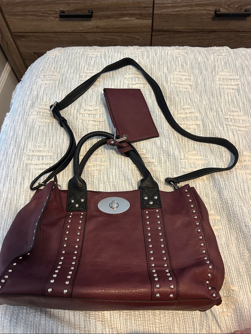 Black Rivet Burgundy and Black Studded Shoulder Bag